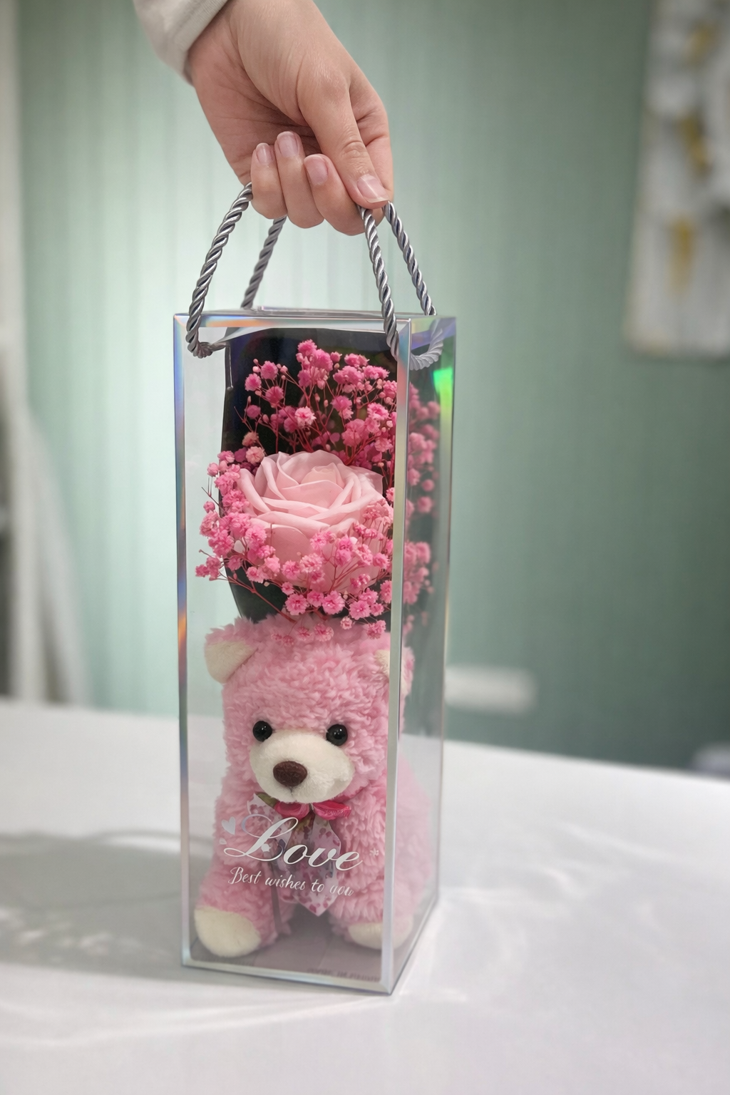 Kutulu yapay çiçek ev ayıcık 